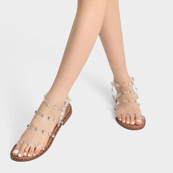 Dream Pairs CLEAR/RHINESTONE Studded Gladiator Strappy Flat Ankle Strap Sandal - Picture 10 of 14